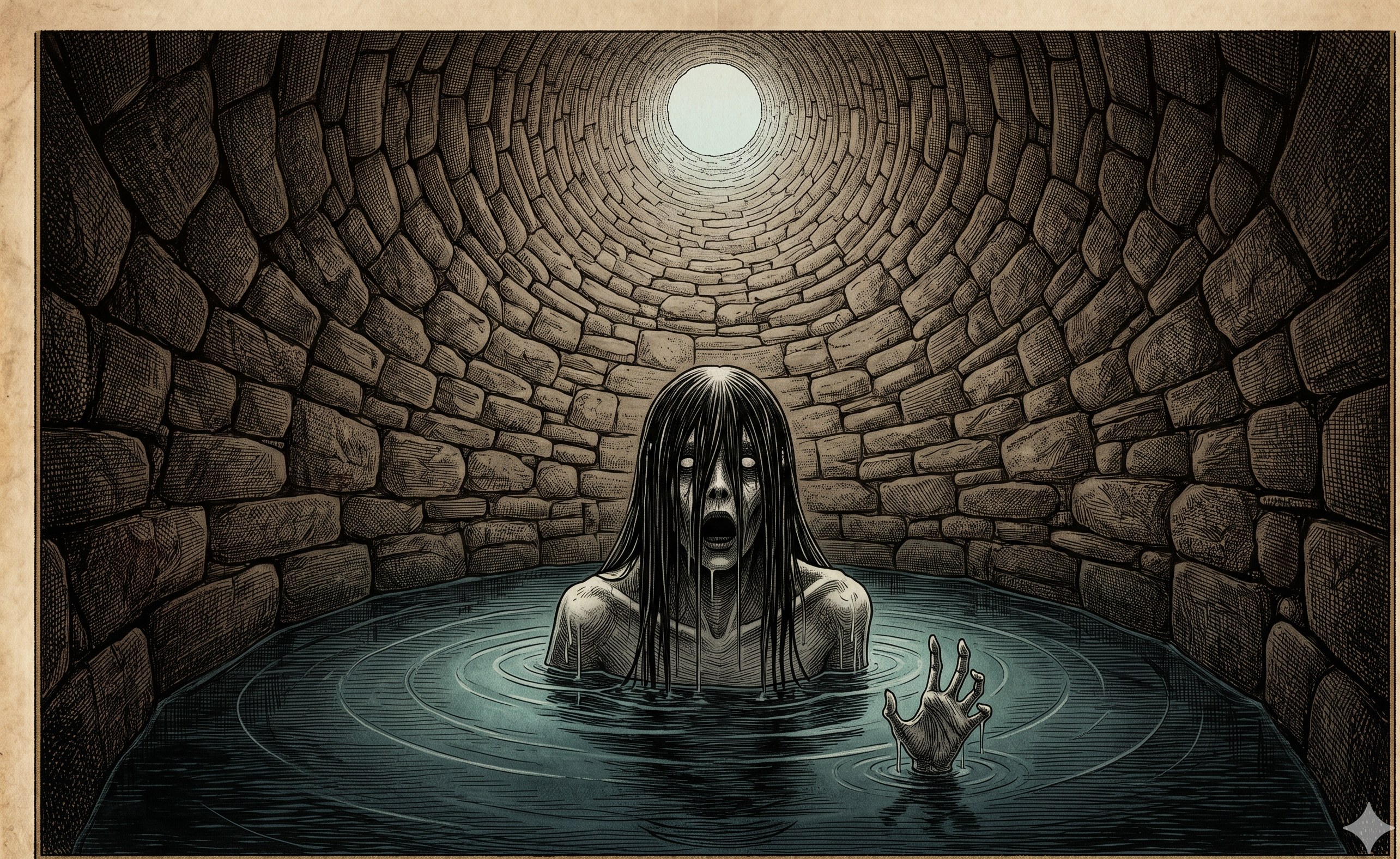 The Cistern Widow — a gaunt pale-eyed figure with long wet hair rising from the water inside a stone cistern, a bony hand breaking the surface beside her
