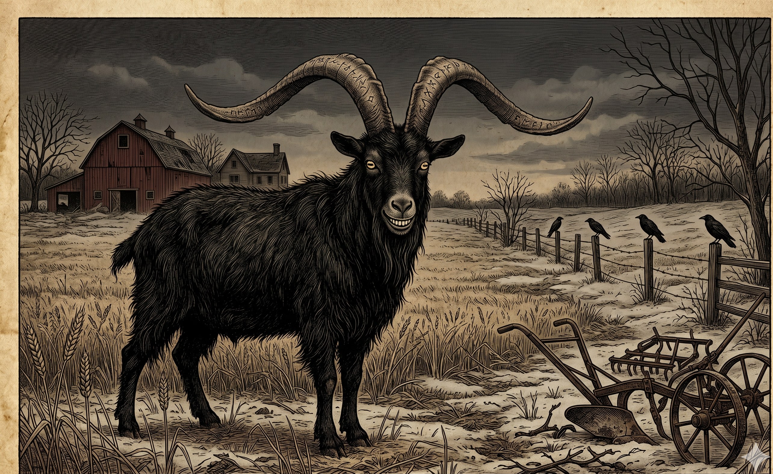 Goat of the Last Pasture — a large black goat with rune-carved horns standing alone in a winter wheat field, with an abandoned farmhouse, bare trees, and crows on fence posts in the background