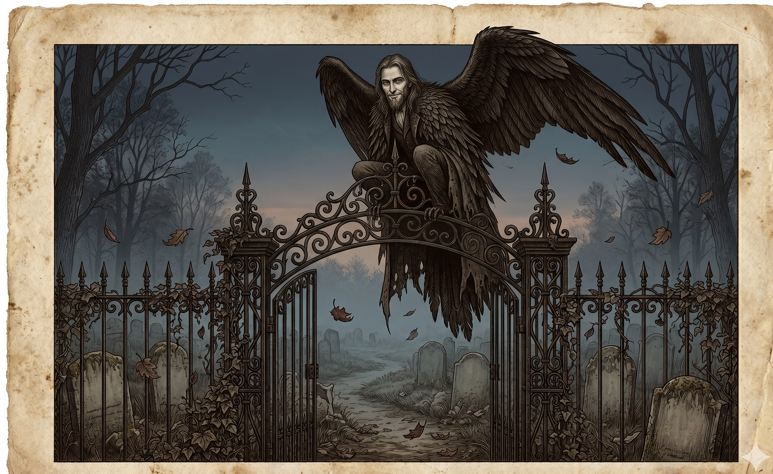 The Grinning Auspex — a winged figure perched on a wrought-iron cemetery gate at twilight, watching with a knowing smile