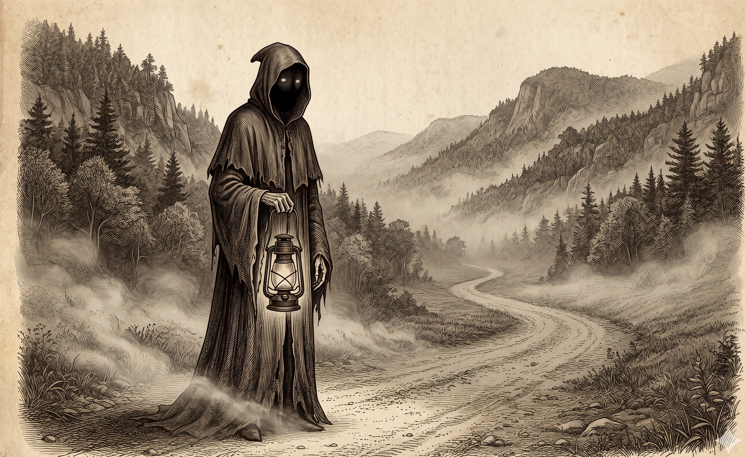 The Hollow Pilgrim — a cloaked figure standing on a dirt road at dusk, carrying an unlit lantern, with deep shadows obscuring his face