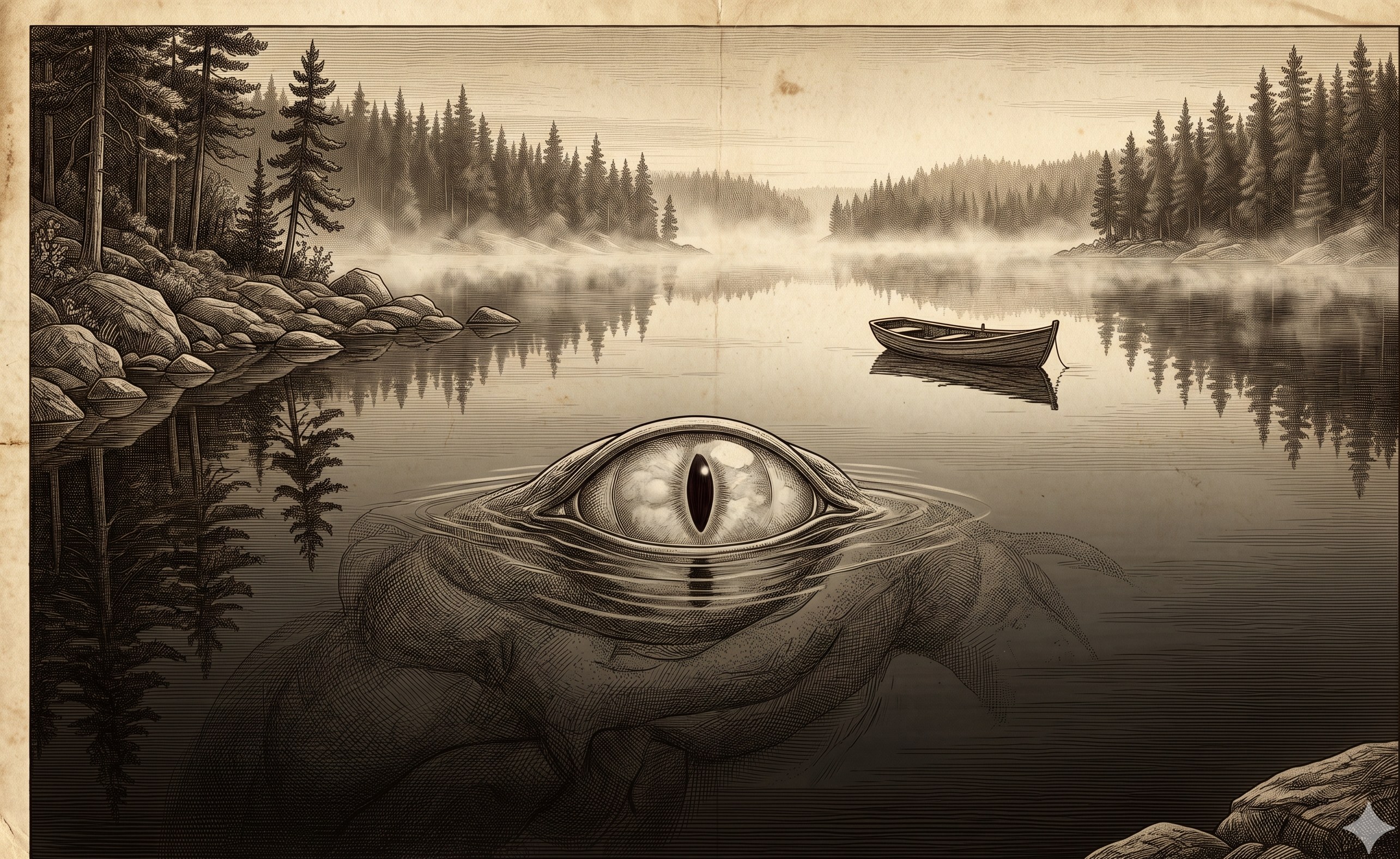Lake-Eye of Elswick — an enormous pale eye rising just to the surface of a still glacial lake at dawn, with a distant empty rowboat and pine-forested shore