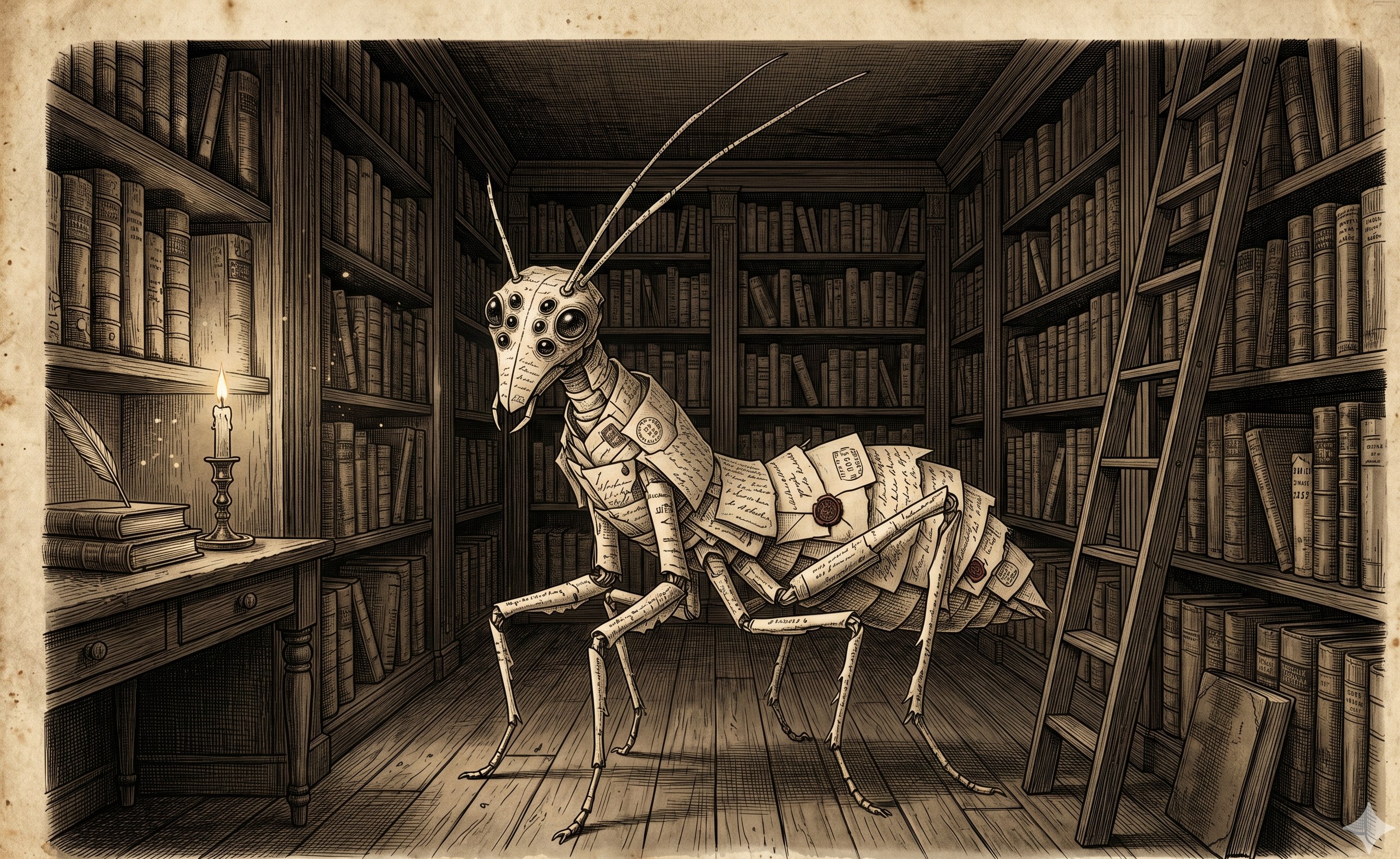 The Paper Thorax — an insect-like creature assembled from folded yellowed letters, standing on six articulated legs in the aisle of an old library lit by a single candle