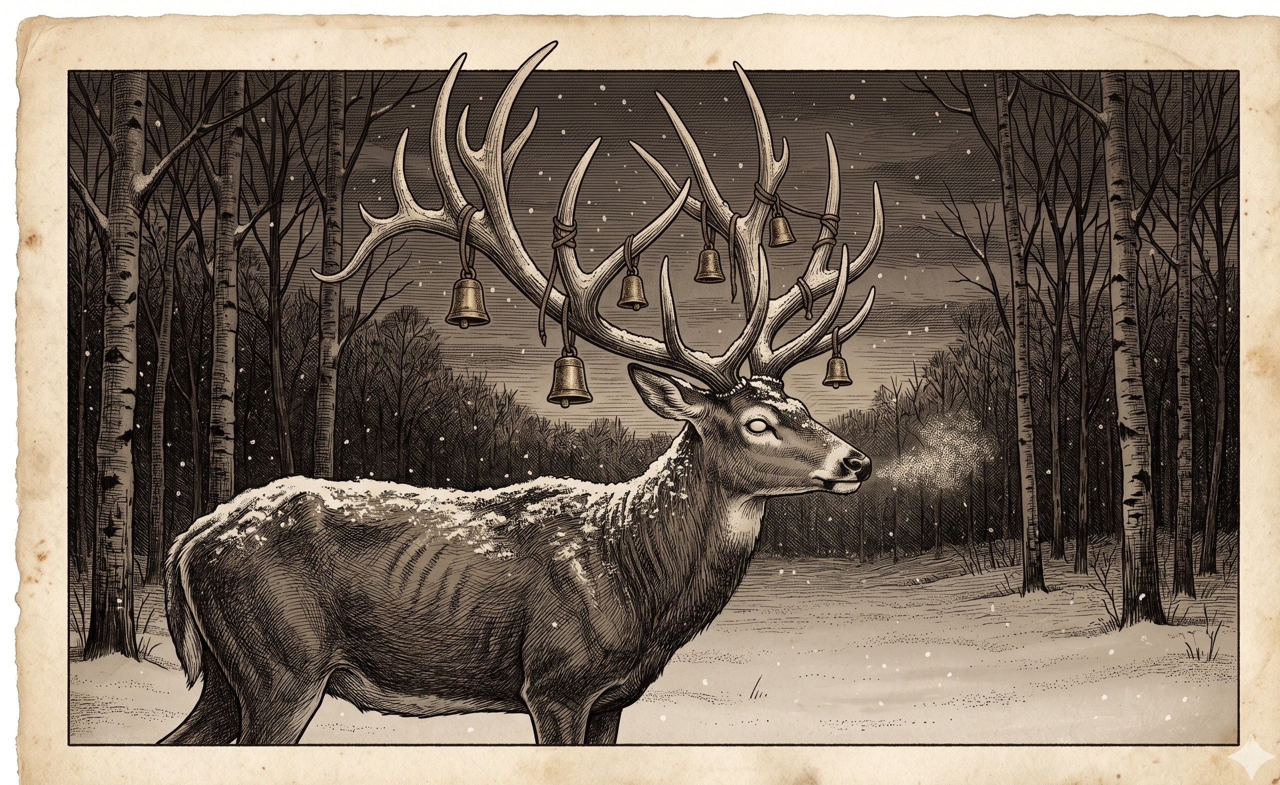 The Rattlebone Stag — a large dark stag with enormous branching antlers hung with silent bronze bells, standing in a snowy birch forest at twilight